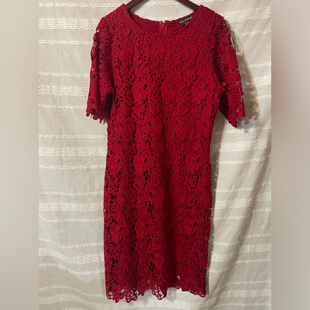 Nina Leonard Red Lined Lace Floral Zip Back Sheath Dress